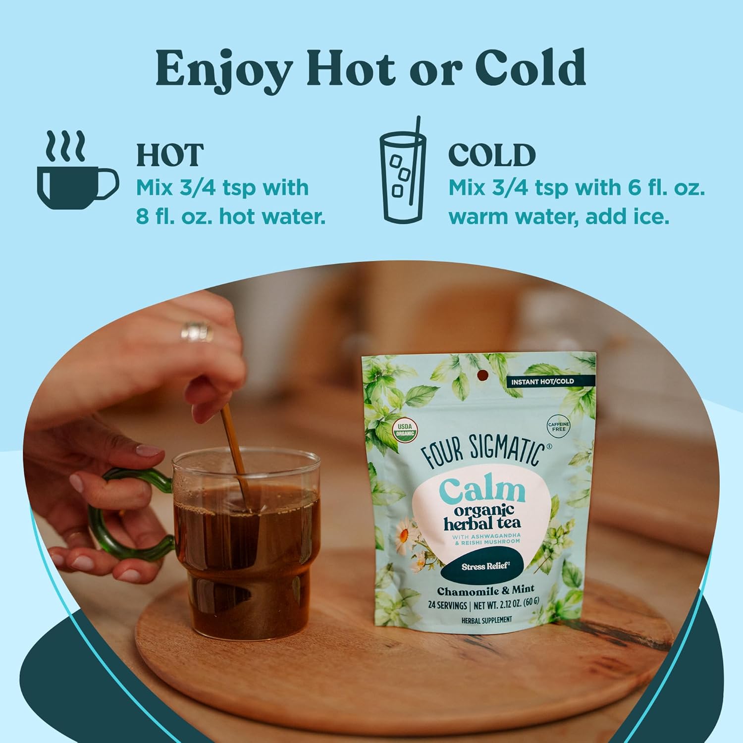 How to Use: Stirring Four Sigmatic instant herbal tea in a mug. Enjoy hot or cold.