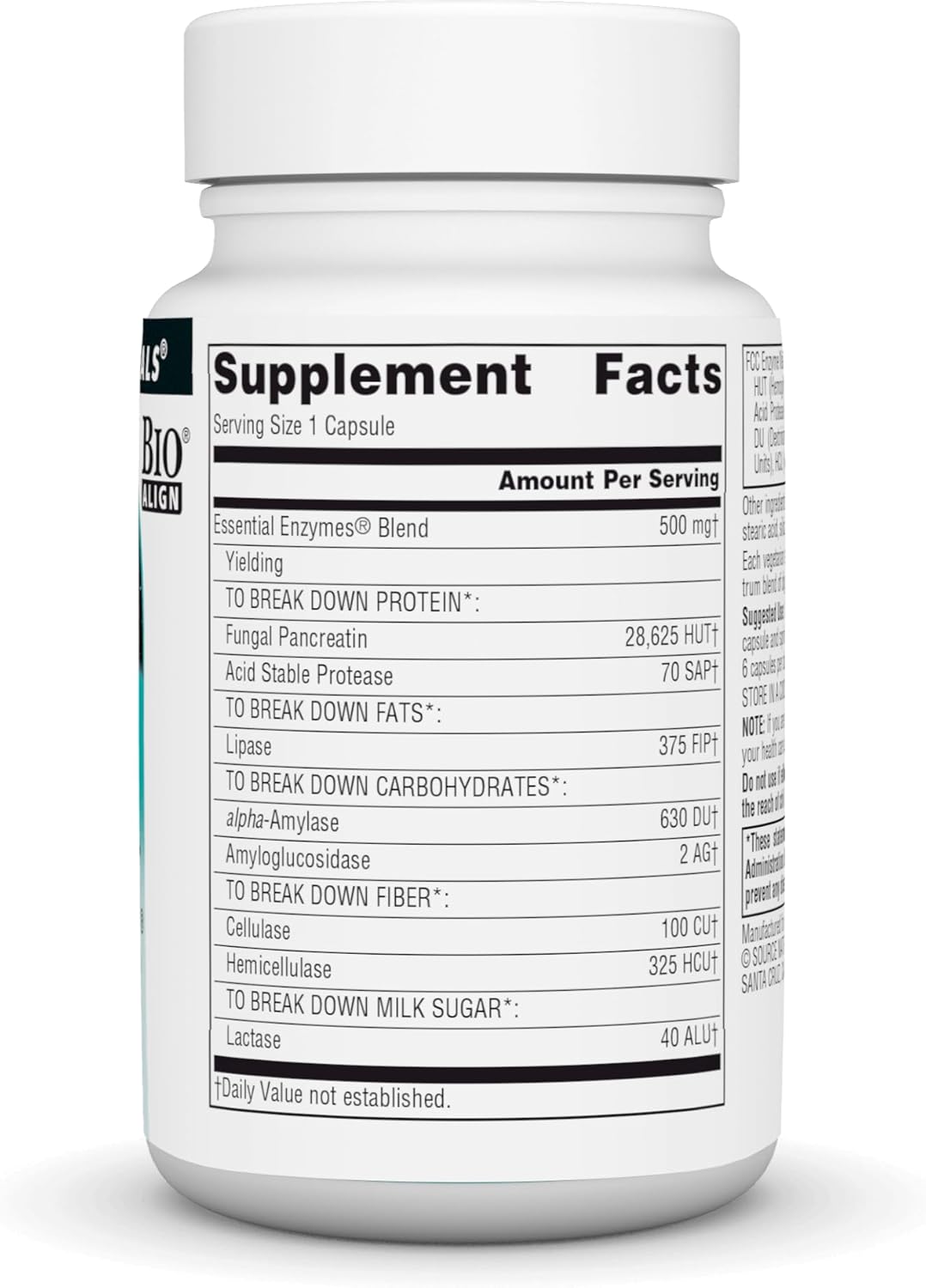 Supplement facts & ingredients image: Source Naturals Essential Enzymes 500mg ingredient panel bottle 60 count