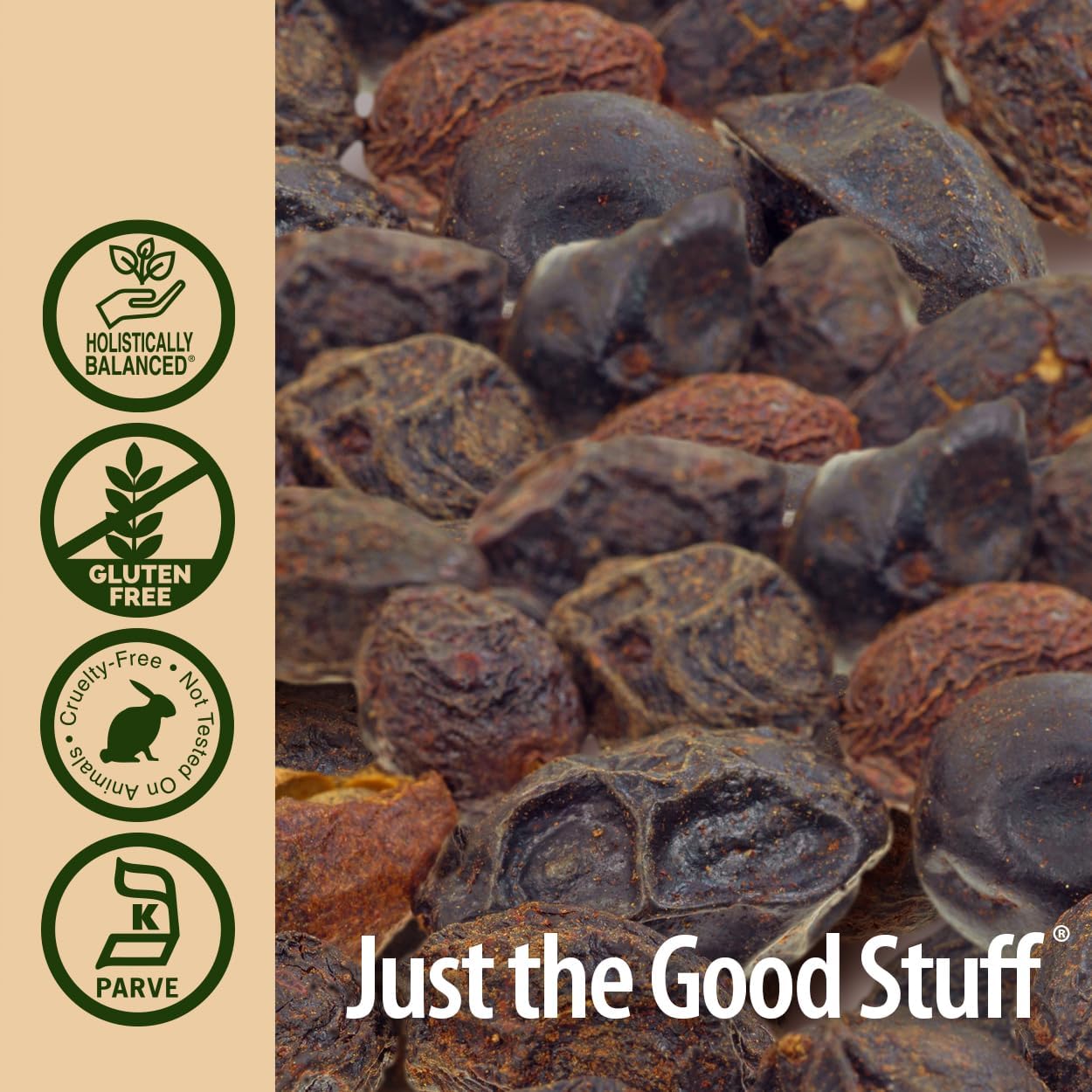 Dried fruits with 'Just the Good Stuff' branding and certification logos on a beige background