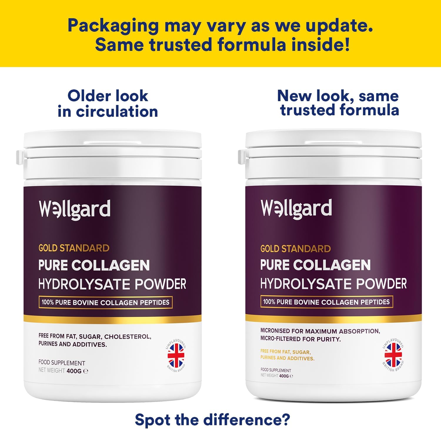 Wellgard Pure Bovine Collagen Peptides Powder, Hydrolysed - 400g. Old & new packaging.
