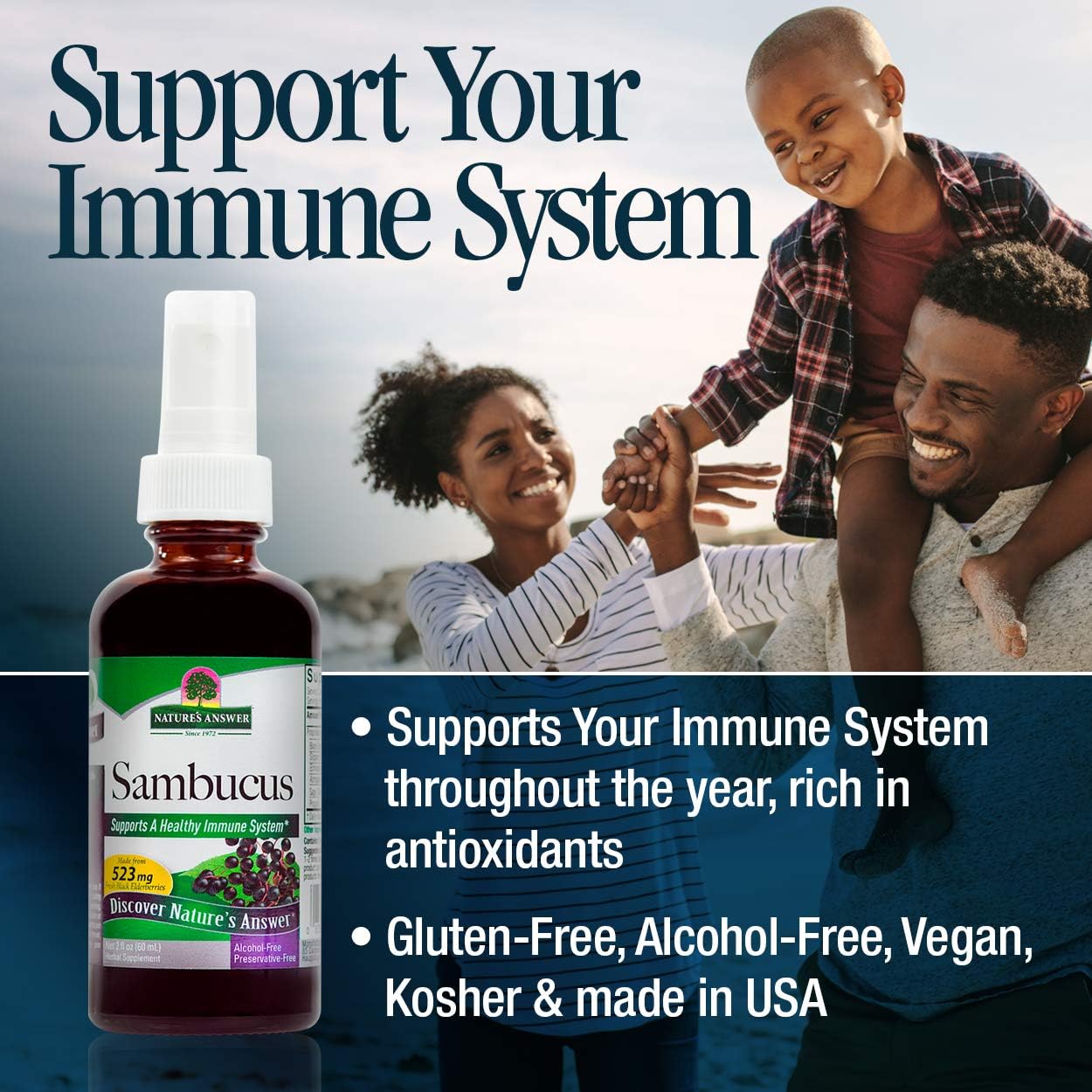 Sambucus bottle with family background and text about immune system support