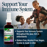 Sambucus bottle with family background and text about immune system support