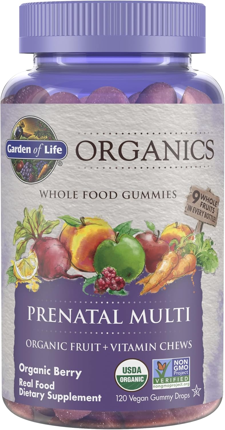Garden of Life Organics Prenatal Gummies bottle, berry-flavored vegan gummies, 120 count.