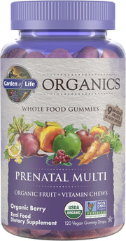 Garden of Life Organics Prenatal Gummies bottle, berry-flavored vegan gummies, 120 count.