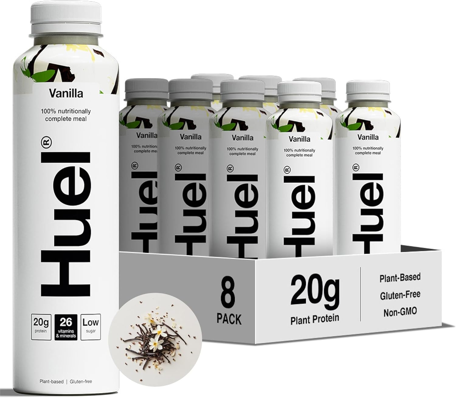 Huel Ready-to-Drink Vanilla plant based meal drink bottle packaging 8 pack 500ml bottles