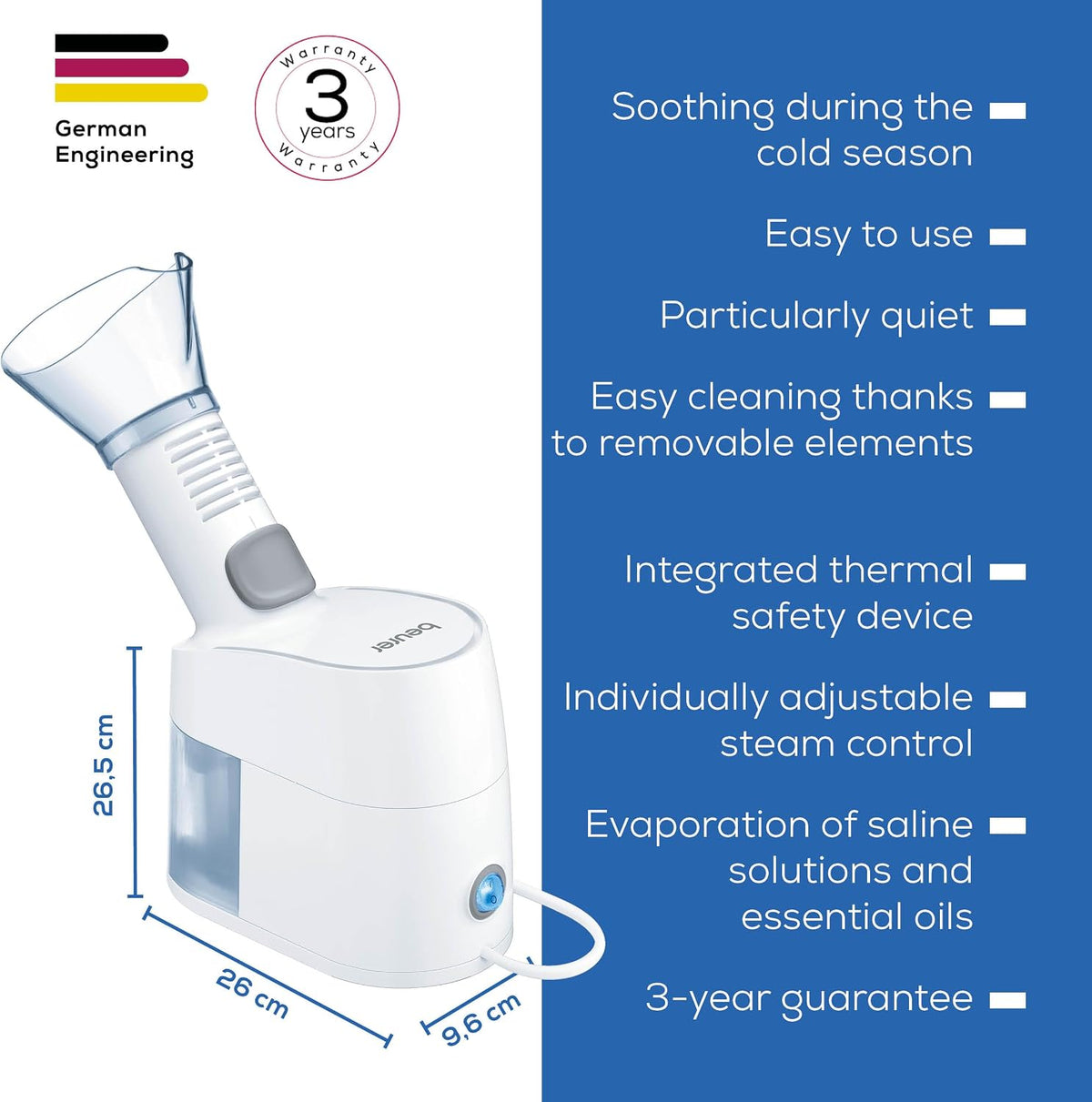 Beurer SI 40 2-in-1 Steam Vaporiser, retail box packaging, no flavour, 1 unit, product information and components