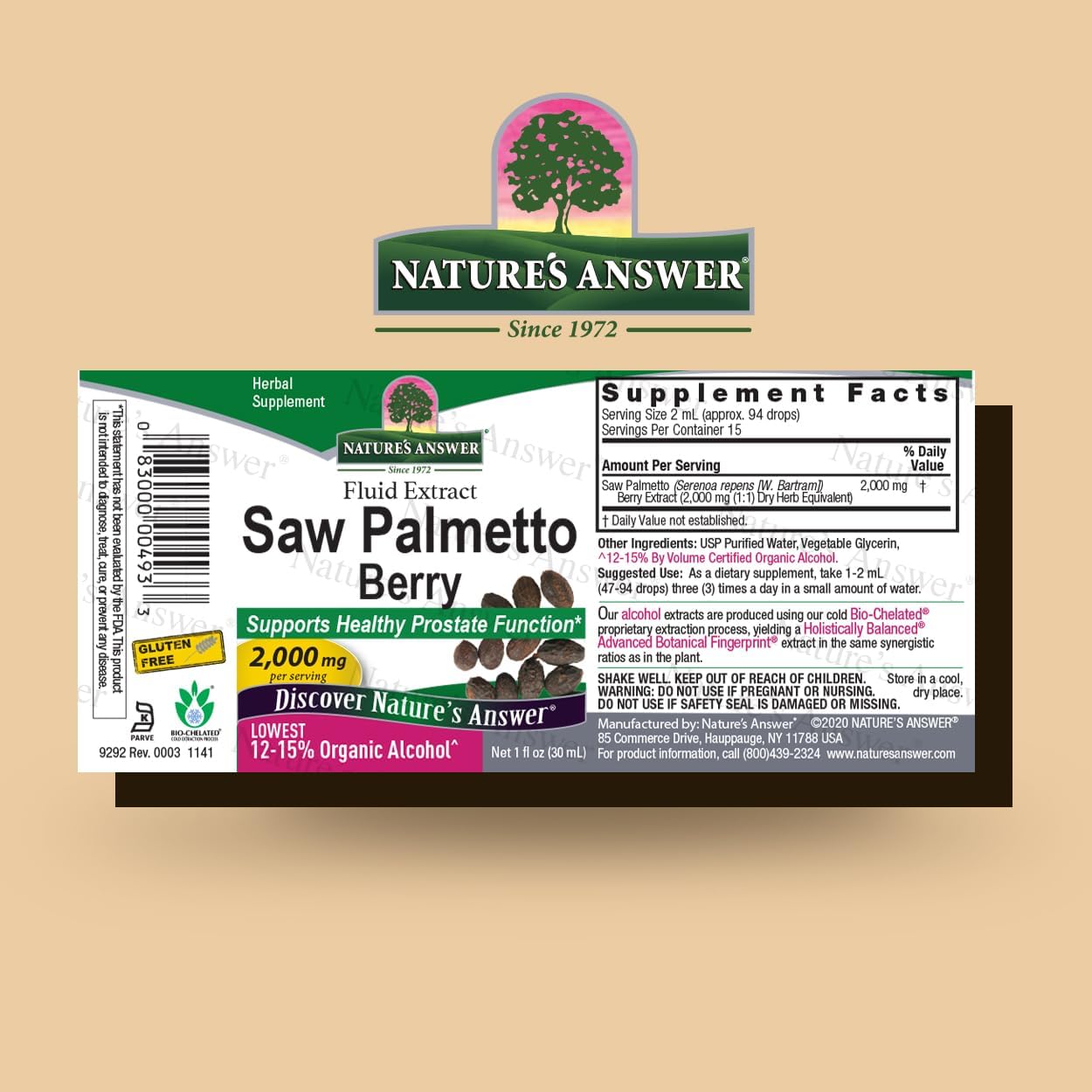 Natures Answer Saw Palmetto Berry supplement label on a beige background