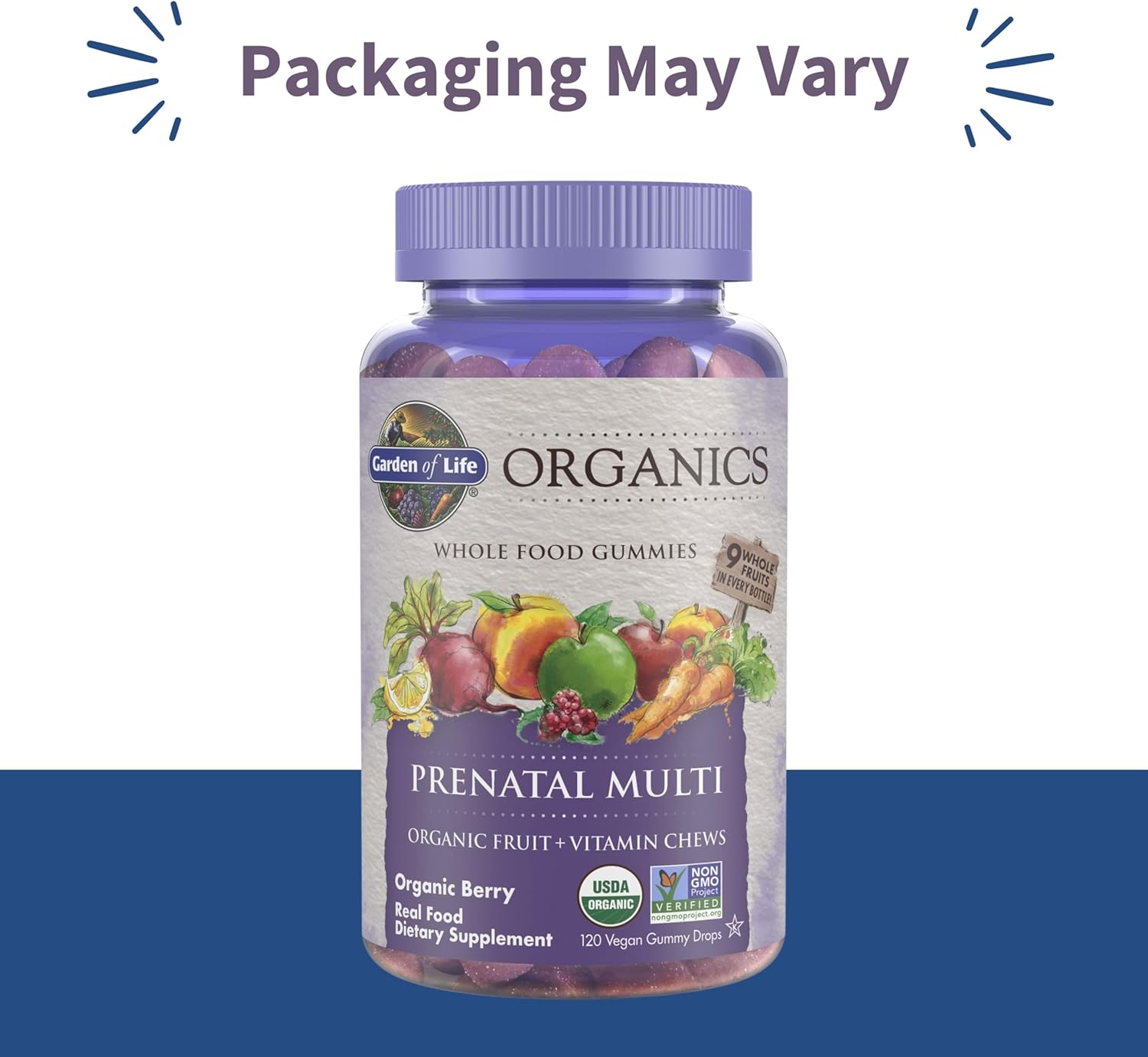 Garden of Life Organics Prenatal Gummies bottle, berry-flavored vegan gummies, 120 count.
