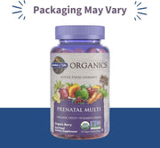 Garden of Life Organics Prenatal Gummies bottle, berry-flavored vegan gummies, 120 count.