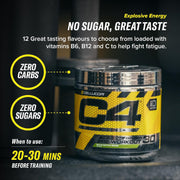 C4 pre-workout supplement container with text highlighting features on a dark background