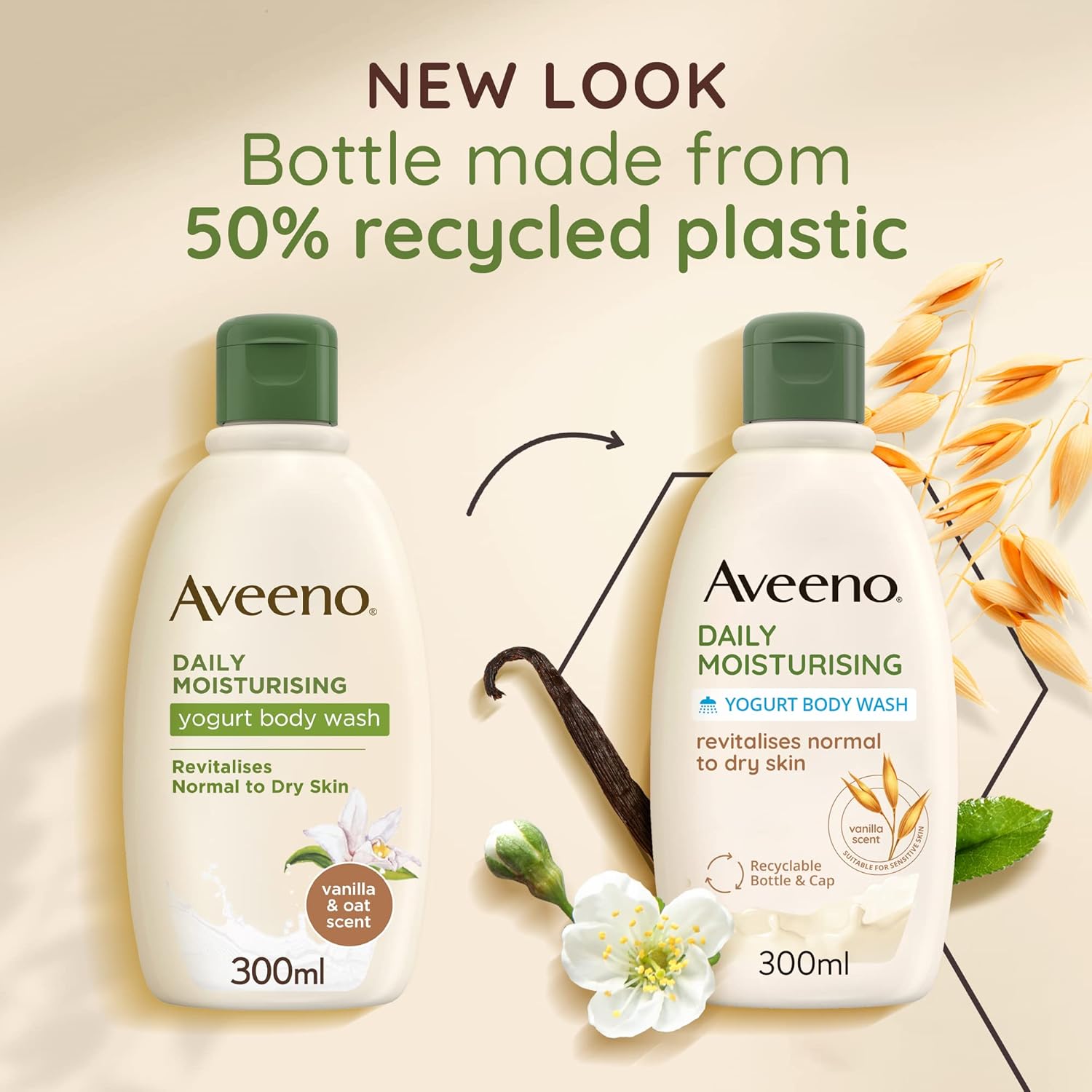 Aveeno Daily Moisturising Yogurt Body Wash with Oat & Vanilla Scent - 300ml old & new packaging.