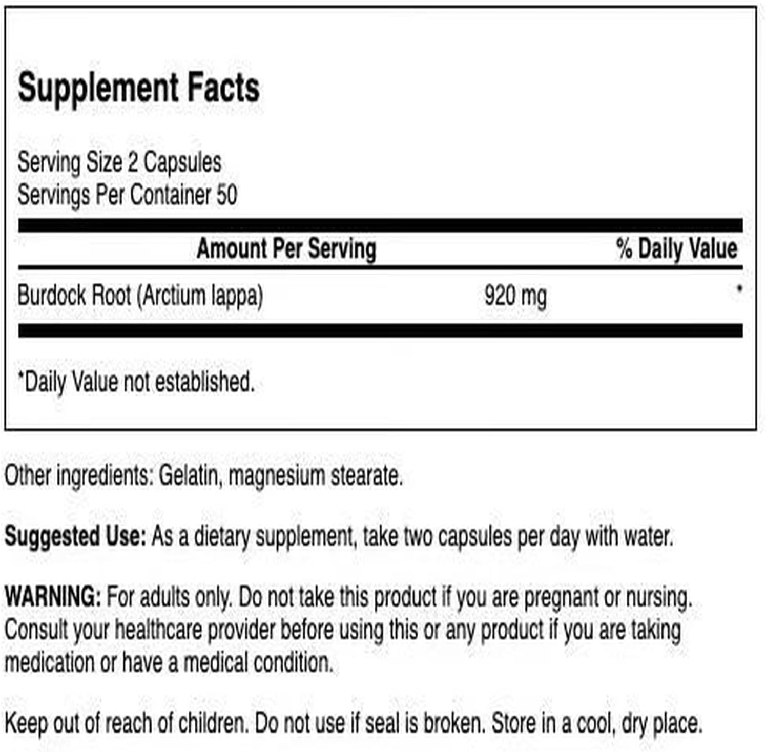Supplement facts label with burdock root content on a white background