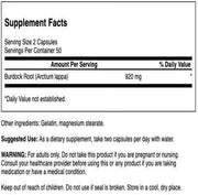 Supplement facts label with burdock root content on a white background
