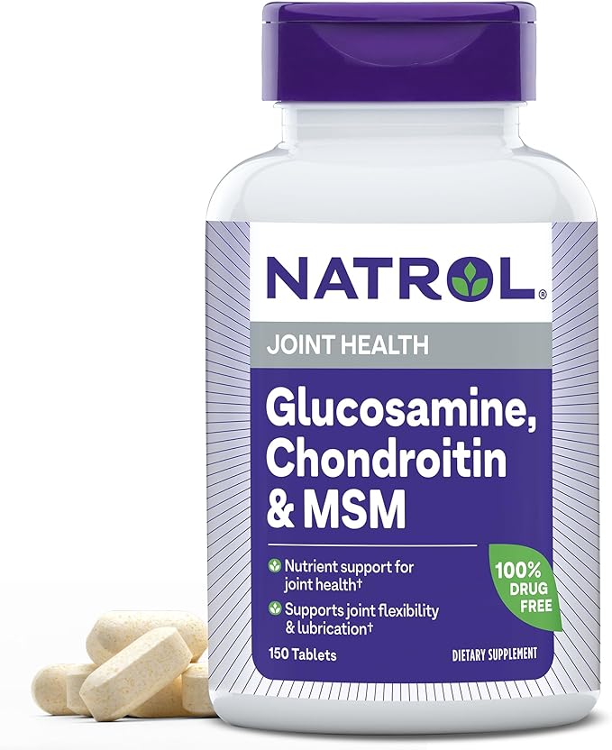 White bottle of Natrol Glucosamine Chondroitin and MSM tablets, 150 count, on a clean white background.