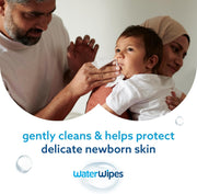 Parent applying a product to a baby's face with text about gentle cleaning and skin protection.