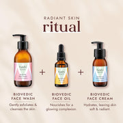Fushi Biovedic skincare products including face wash, face oil, and face cream on a beige background.