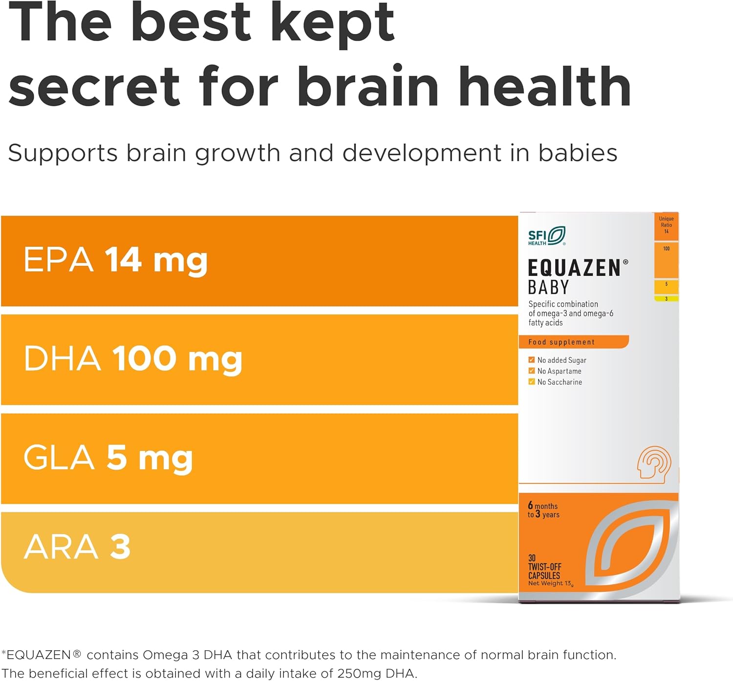 Equazen Baby supplement packaging with nutritional information on a white background
