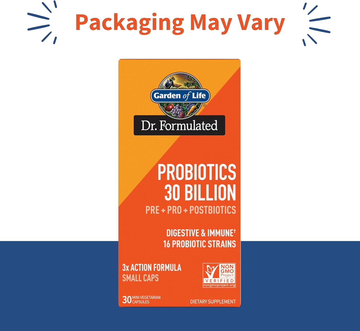 Garden of Life Dr. Formulated Once Daily 3-in-1 Probiotics bottle, 30 count. Packaging may vary.