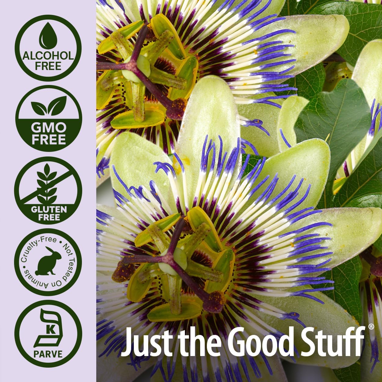 Passion flower with 'Just the Good Stuff' branding and certification logos on a purple background