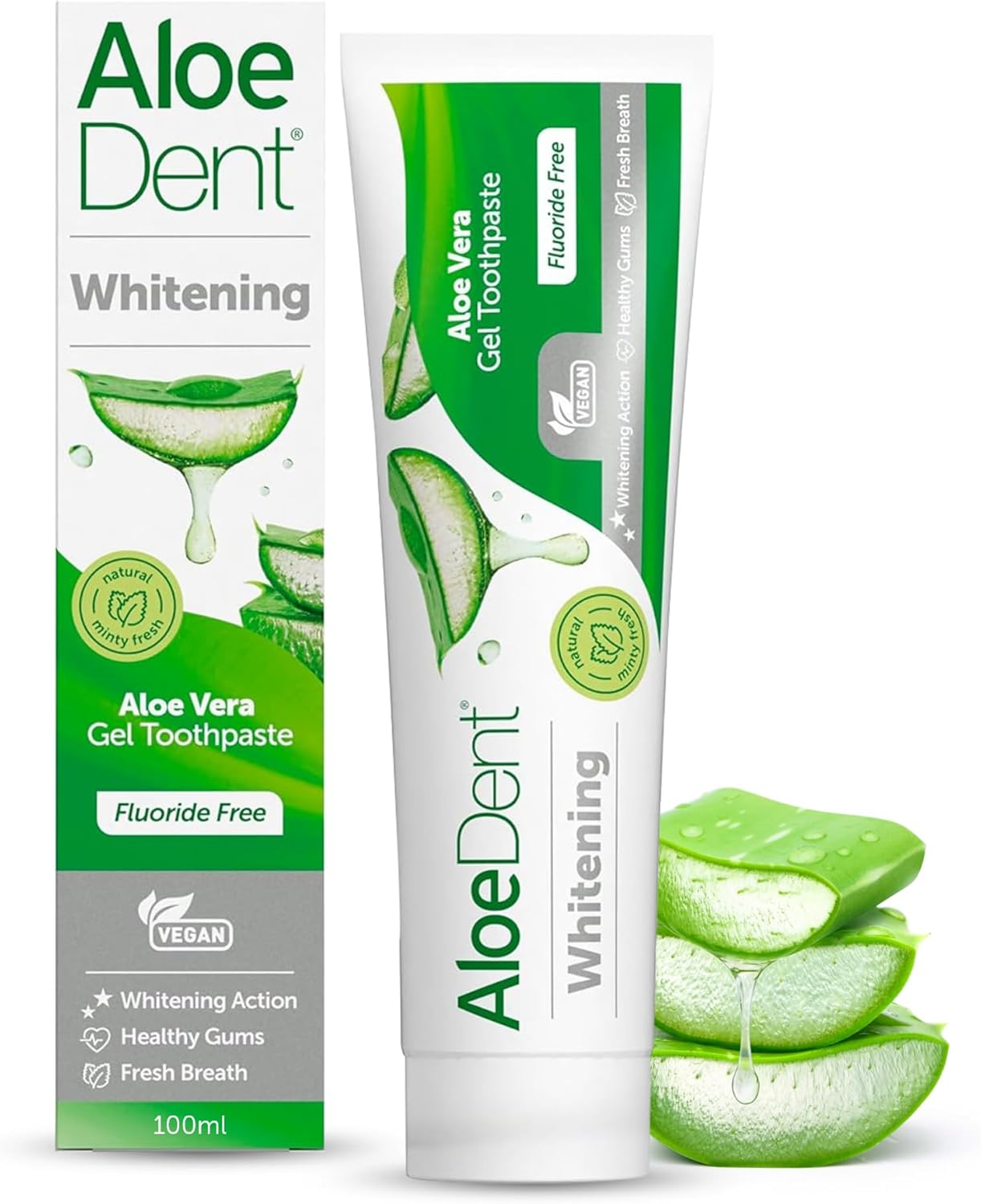 Front Image: Aloe Dent Aloe Vera whitening toothpaste fluoride free vegan 100ml tube & box