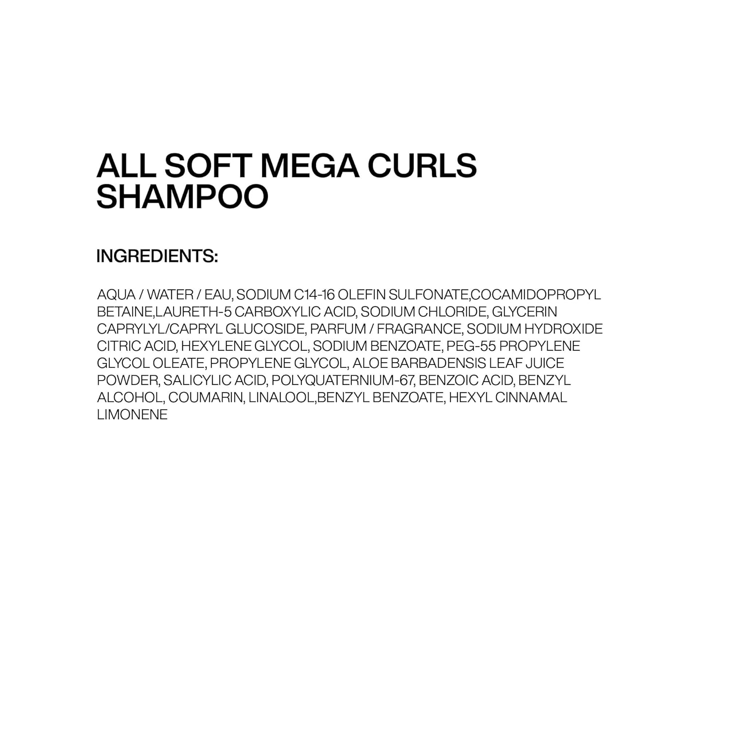 Redken All Soft Mega Curls Shampoo bottle showing ingredients list.