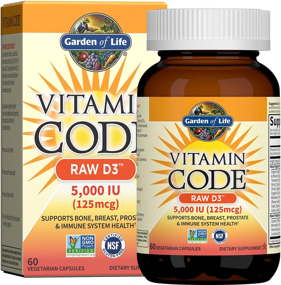 Garden of Life Vitamin D3 5000 IU bottle & box front view - 60 vegetarian capsules on white background