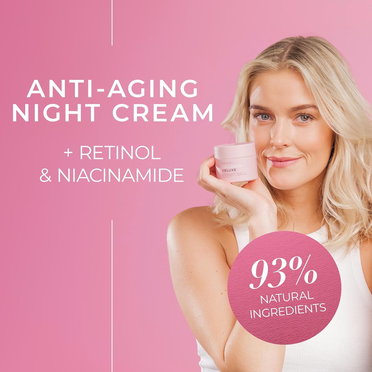 Woman holding an anti-aging night cream with text on a pink background
