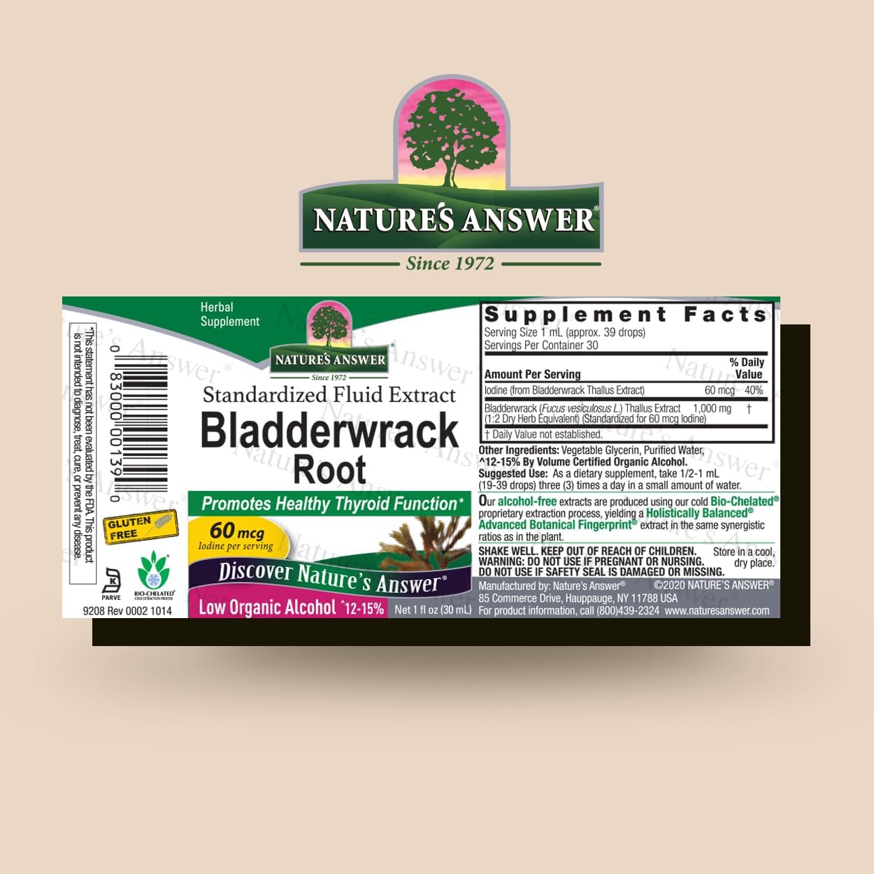 Nature's Answer Bladderwrack Root supplement label on a beige background