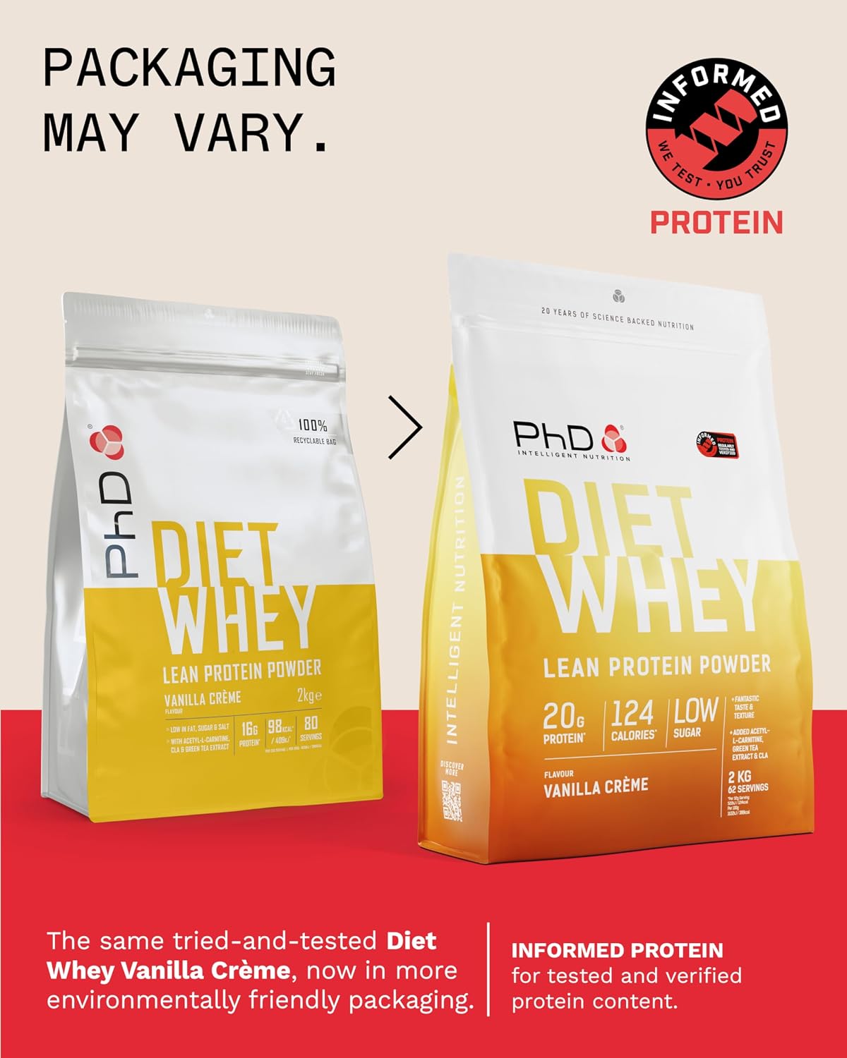 PhD Diet Whey Lean Protein Powder Vanilla Crème 2kg packaging may vary