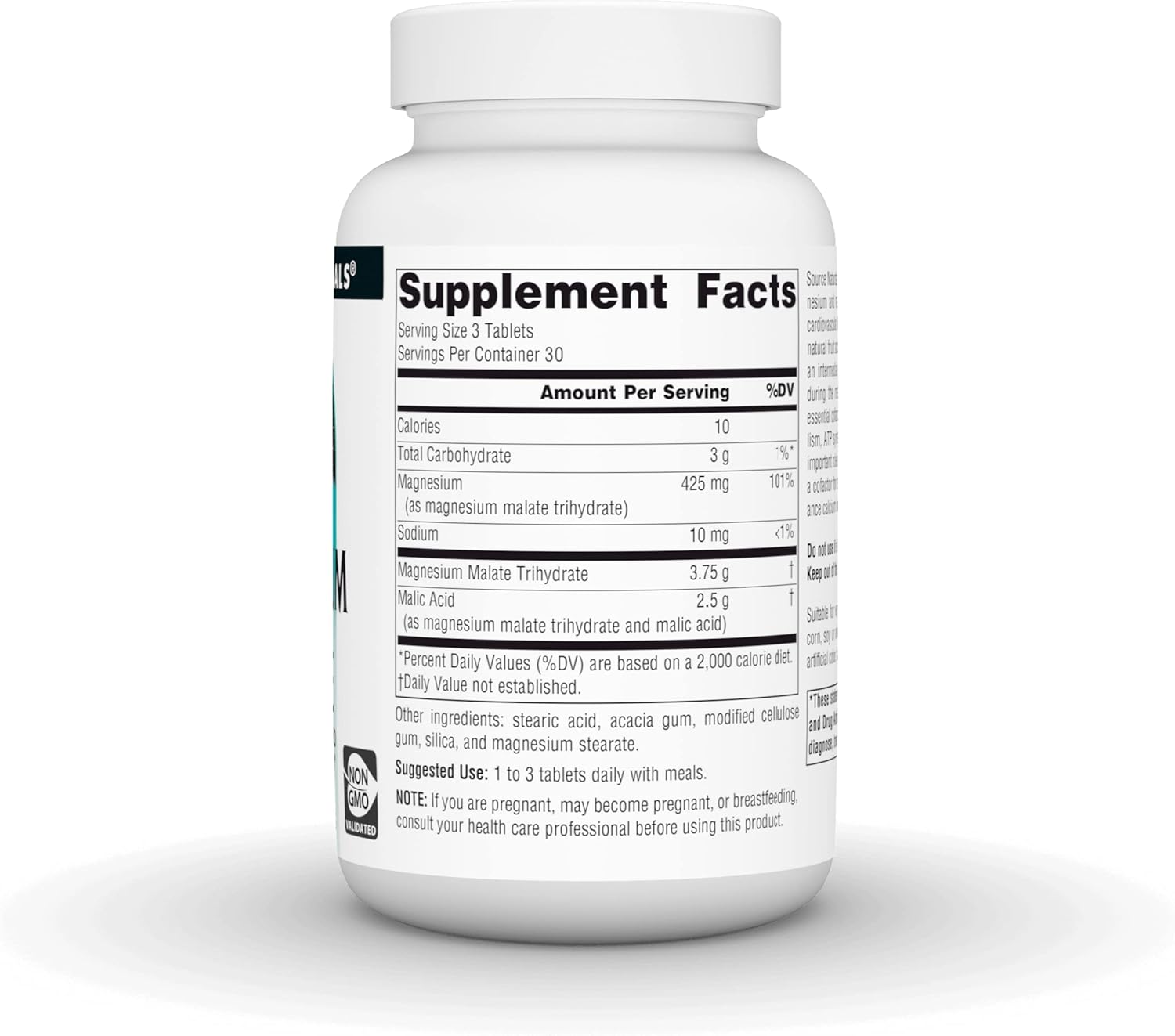 Supplement facts & ingredients image: Source Naturals magnesium malate tablets ingredient panel bottle 90 count