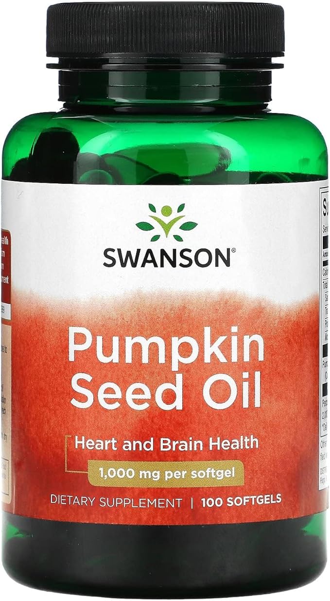 Swanson Pumpkin Seed Oil supplement bottle on a white background