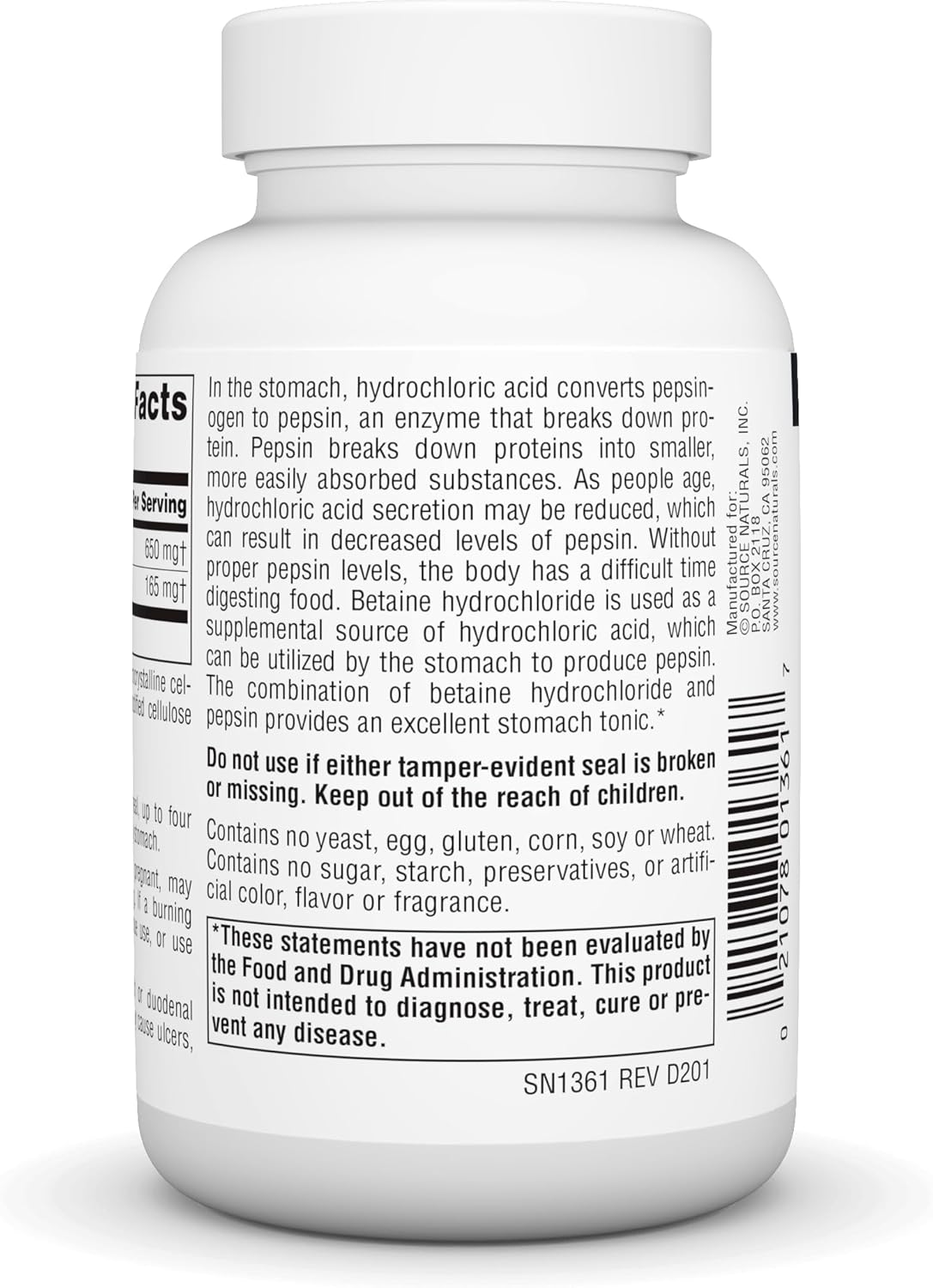 Barcode image: Source Naturals Betaine HCL 650mg with pepsin tablets bottle barcode 90 count
