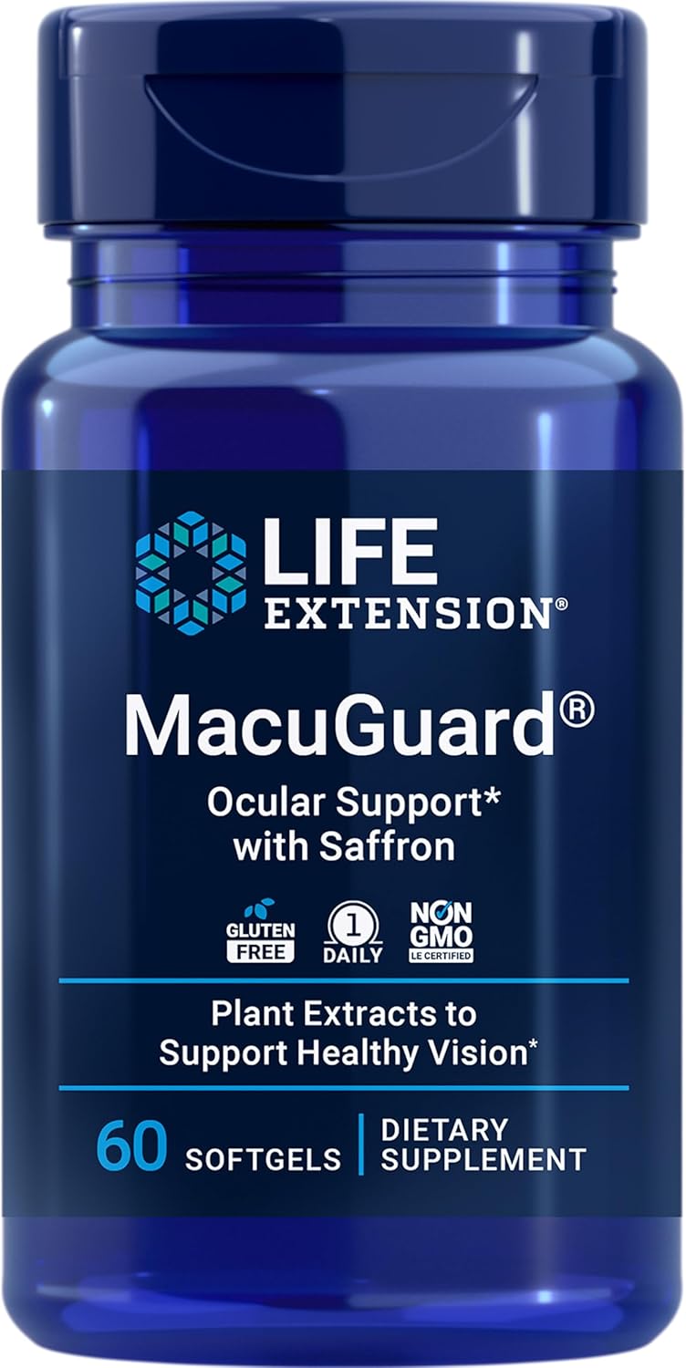 Life Extension MacuGuard with Saffron softgel bottle, lutein and zeaxanthin supplement, 60 count.