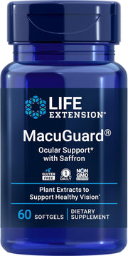 Life Extension MacuGuard with Saffron softgel bottle, lutein and zeaxanthin supplement, 60 count.