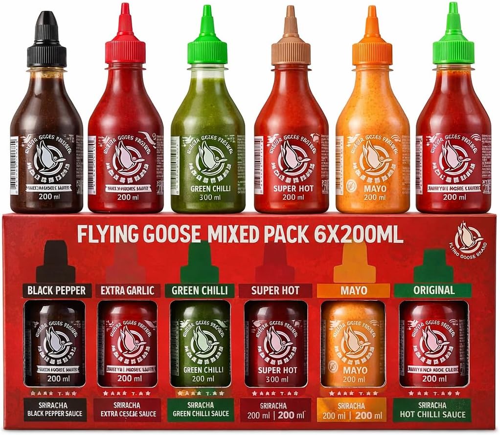 Front image: Flying Goose sriracha sauce mixed pack 6 bottles chilli sauce 200ml each