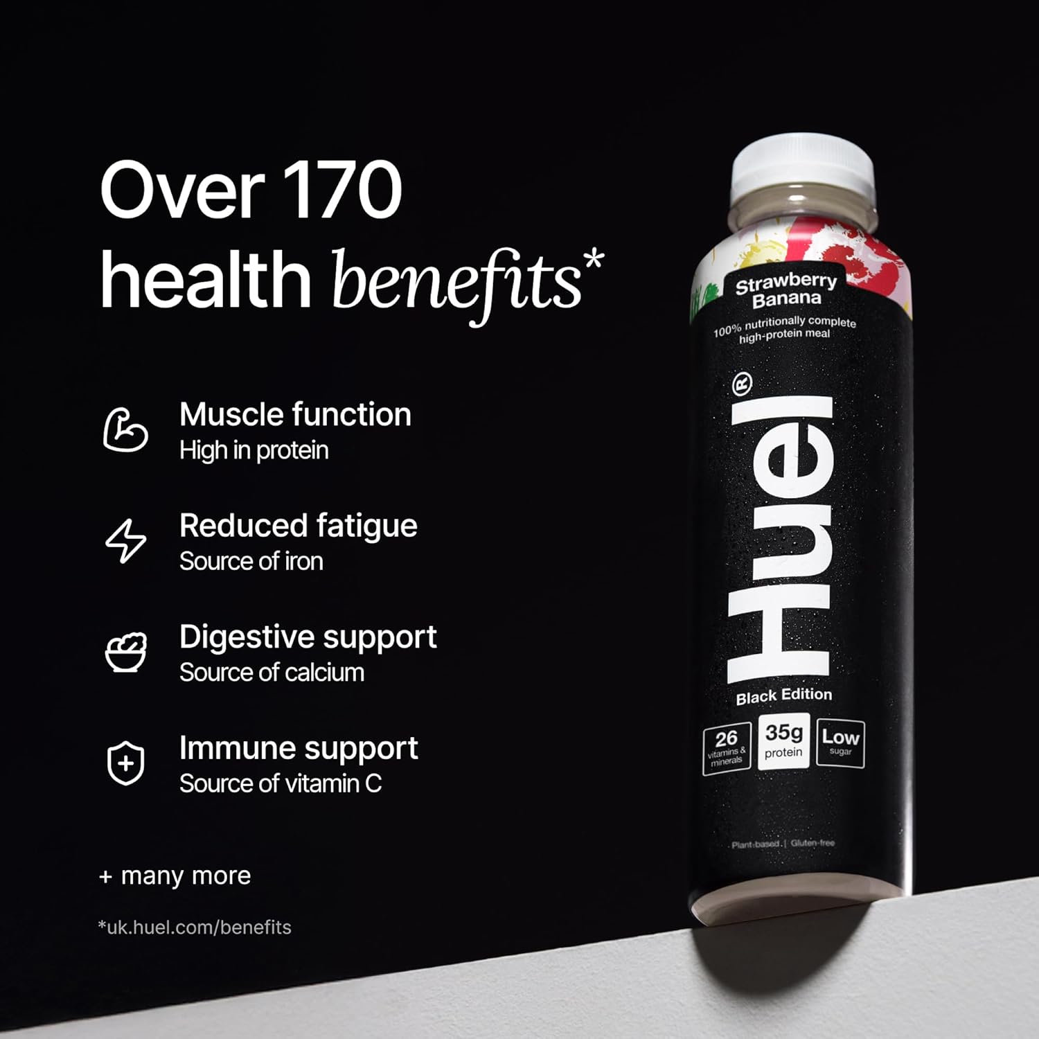 Huel Black Edition Ready-to-Drink Strawberry Banana meal drink bottle serving instructions 500ml bottle 8 pack benefits