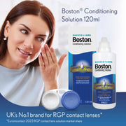 Advertisement for Bausch & Lomb Boston Conditioning Solution with a woman holding contact lenses.
