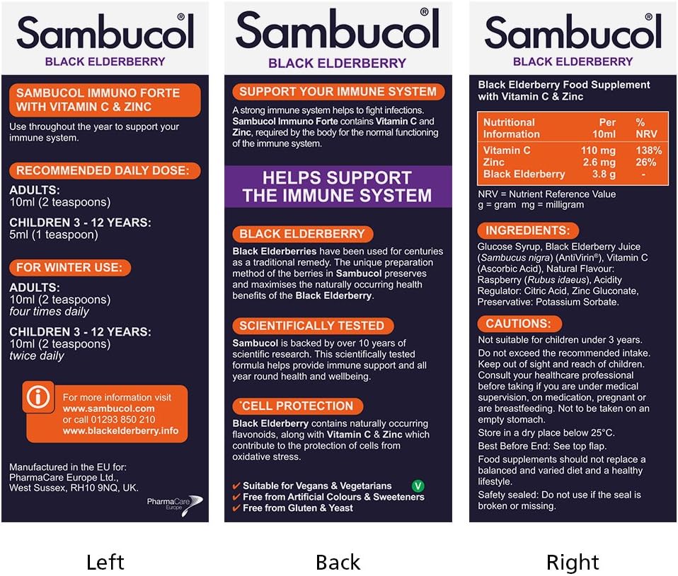 Three panels of Sambucol Black Elderberry supplement packaging with different sections.