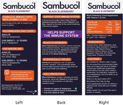Three panels of Sambucol Black Elderberry supplement packaging with different sections.