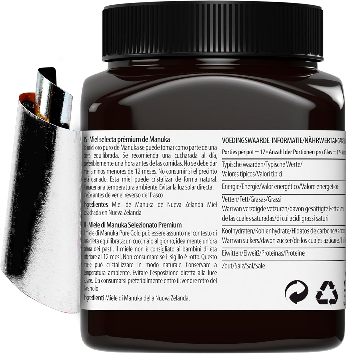 Close-up of MGO certification and quality seals on label.