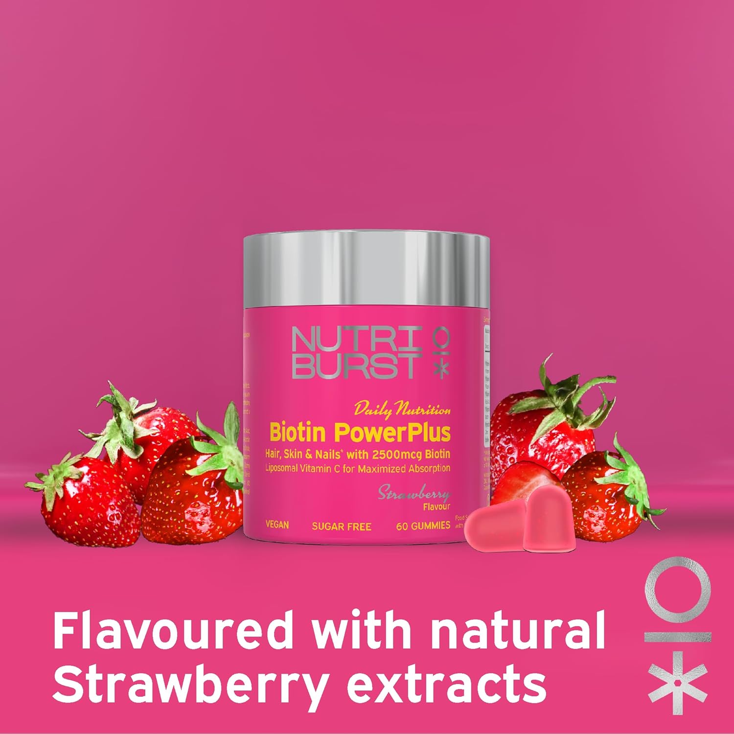 Nutriburst Biotin Power Plus 2500mcg Gummies jar, strawberry, 60 count.