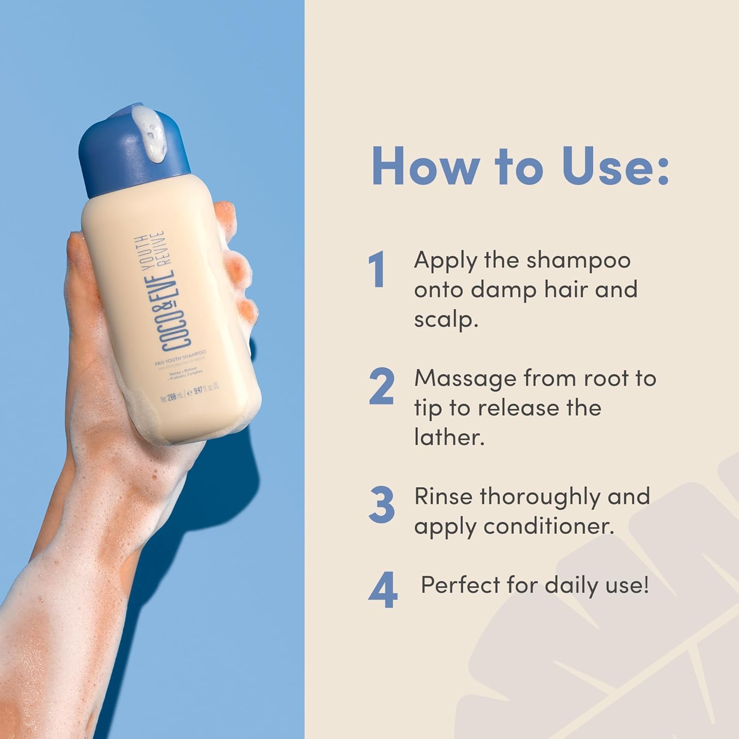 How to Use: Applying Coco & Eve Pro Youth Shampoo to wet hair in the shower.