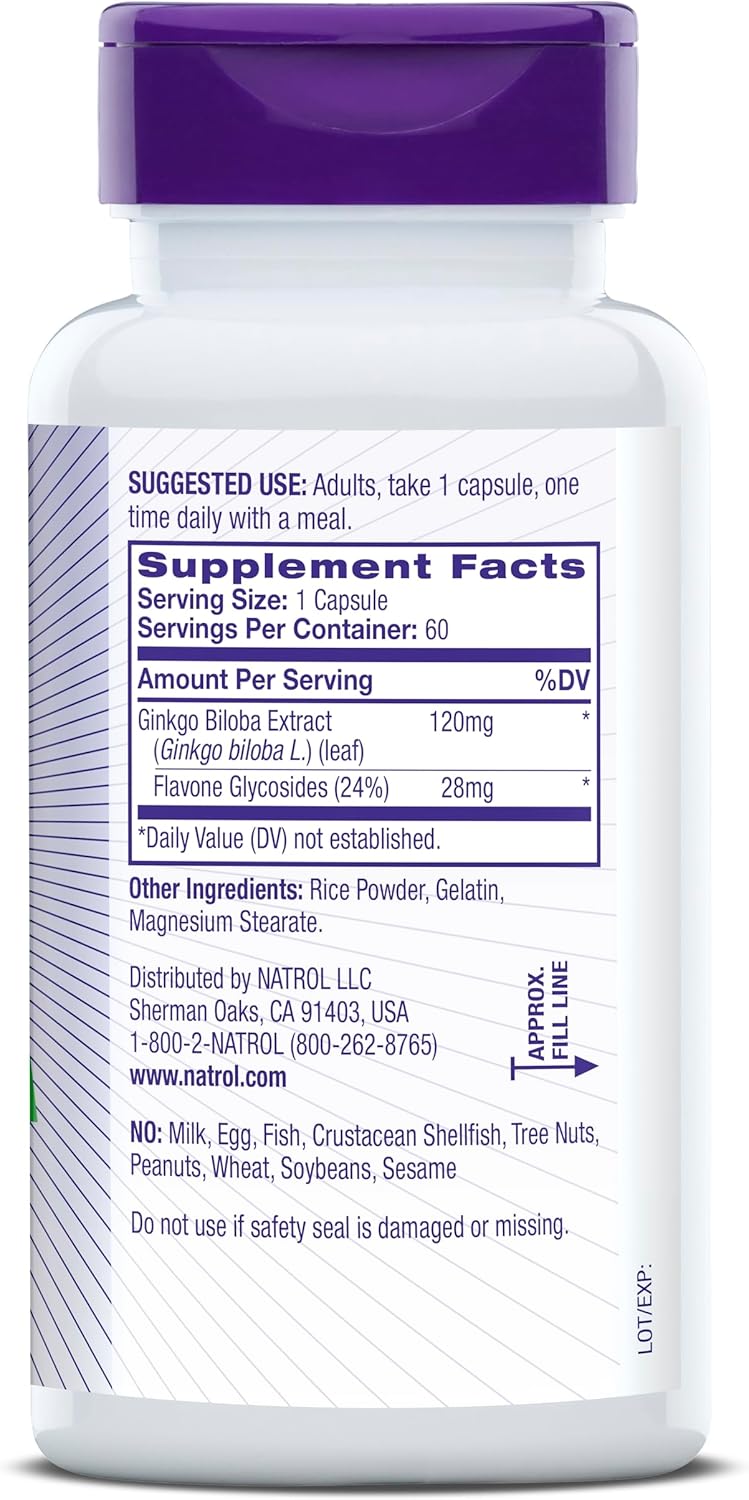 Natrol Ginkgo Biloba supplement facts label bottle 60 capsules