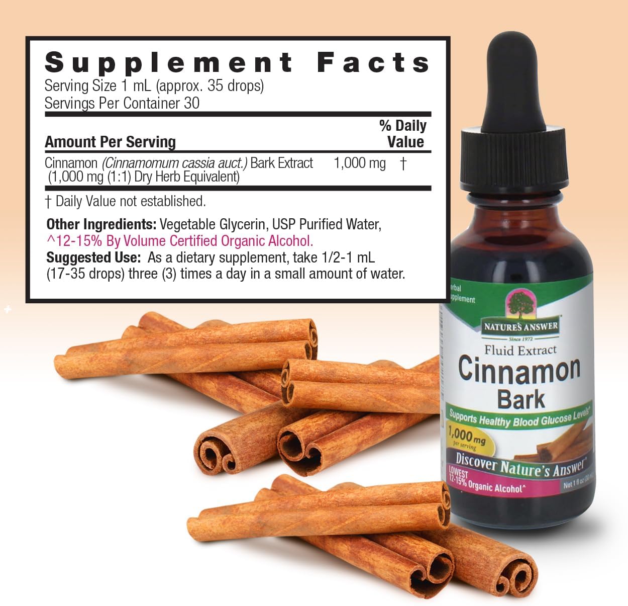 Bottle of Cinnamon Bark fluid extract with cinnamon sticks and supplement facts label on a beige background