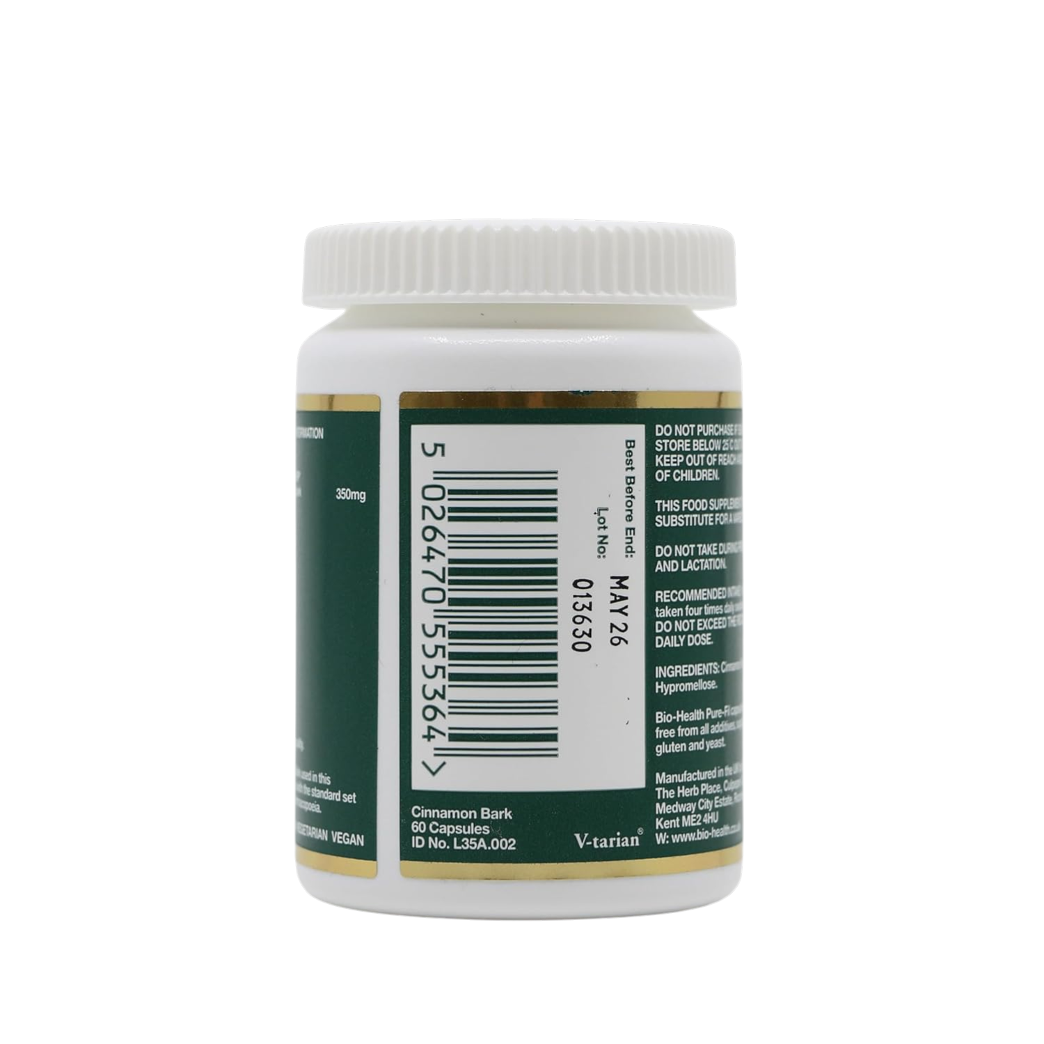 Bio-Health Cinnamon Bark 350mg capsules bottle barcode 60 capsules