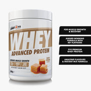 Whey protein powder container with caramel flavor on a white background