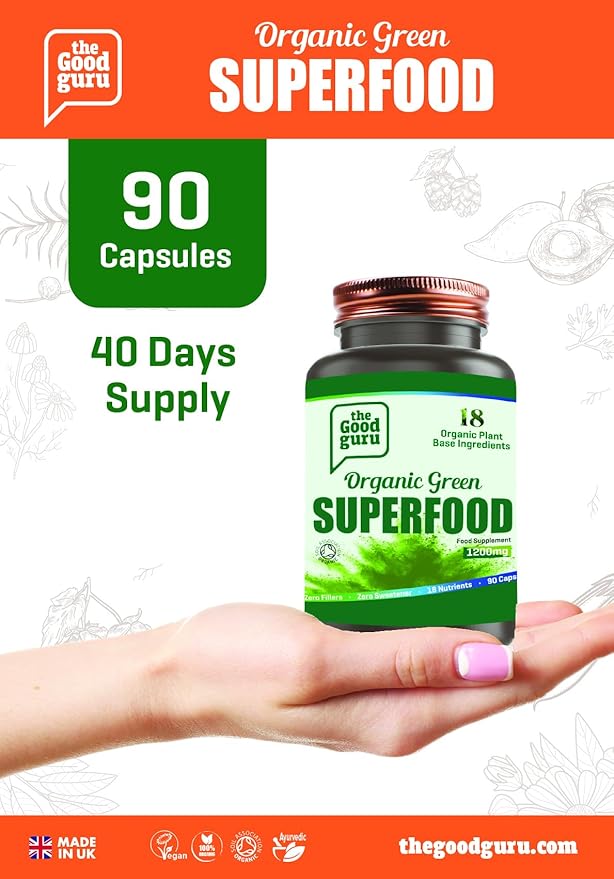 The Good Guru Organic Green Superfood - Blend of 18 Plants, 90 Capsules