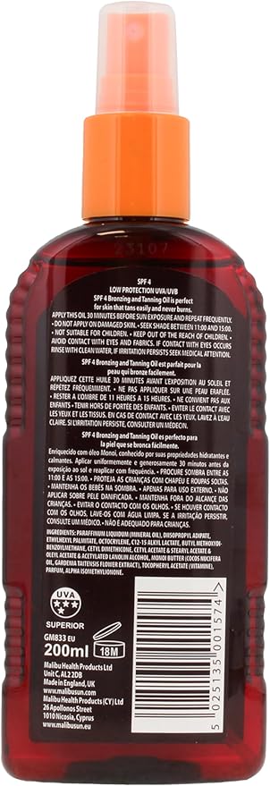 Malibu SPF 4 Bronzing Oil Spray with Monoi Oil, Water Resistant, 200ml