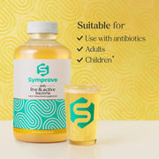 Symprove bottle and glass with pineapple flavor on a yellow background