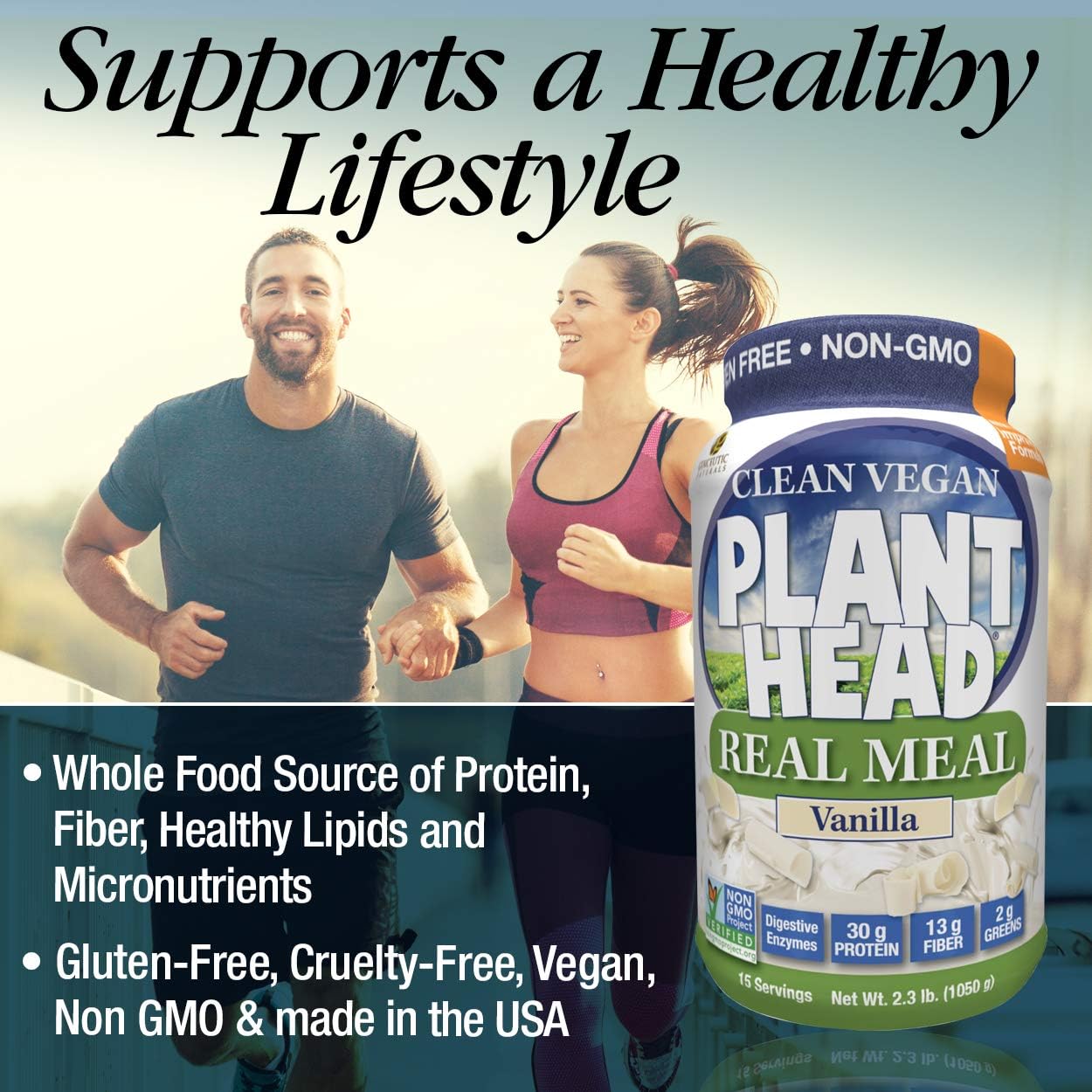 Product packaging with a man and woman exercising, promoting 'Clean Vegan Plant Head Real Meal'.